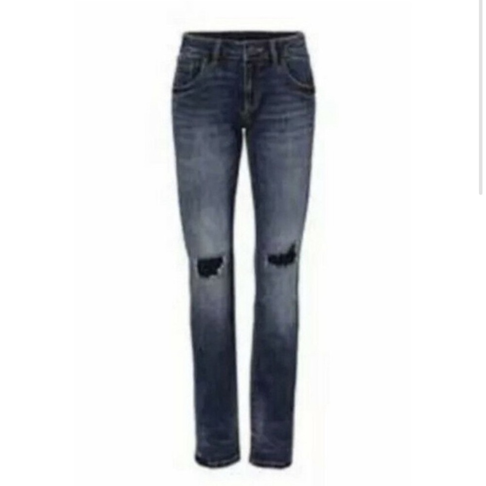 CAbi Size 16 Slim Boyfriend Jeans Style #5695 Engineer Wash Distress Patch Holes